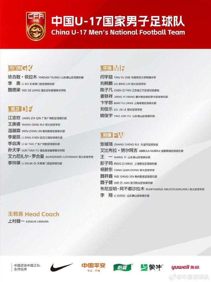 北青体育：U17国足落选球员彭子鸣、李星辰、陈子凡仍留队合练
